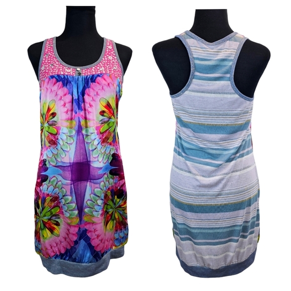 Custo Barcelona Artsy Sequined Floral Tank Mini Dress Sz Medium Colorful Stripes - Picture 1 of 16